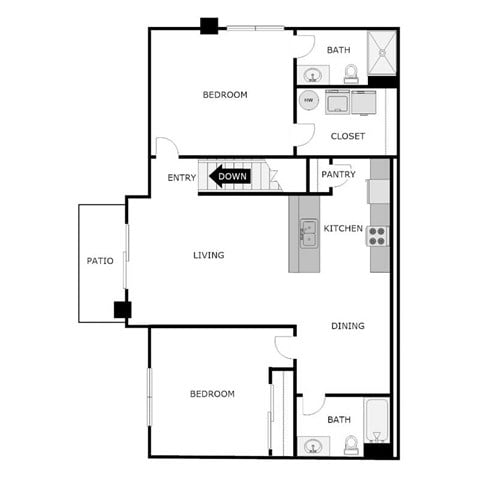 Floor plan for 2 beds, 2 baths, 1144 sqft