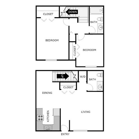 Floor plan for 2 beds, 1.5 baths, 964 sqft