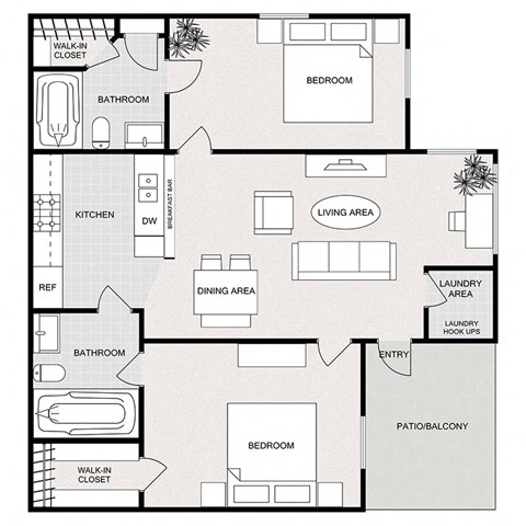 Floor plan for 2 beds, 2 baths, 960 sqft