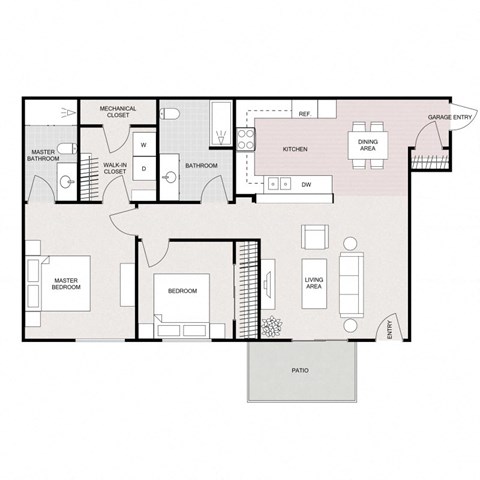 Floor plan for 2 beds, 2 baths, 1067 sqft