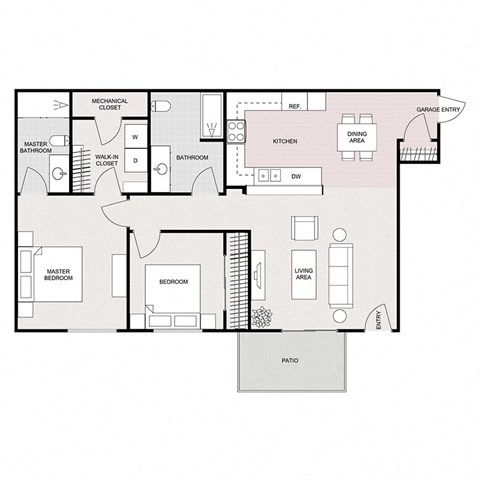 Floor plan for 2 beds, 2 baths, 1067 sqft