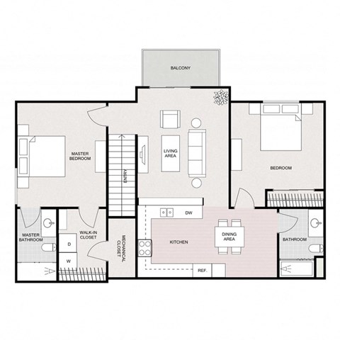 Floor plan for 2 beds, 2 baths, 1075 sqft
