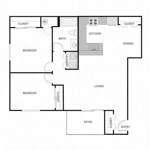 Floor plan for 2 beds, 1 bath, 978 sqft
