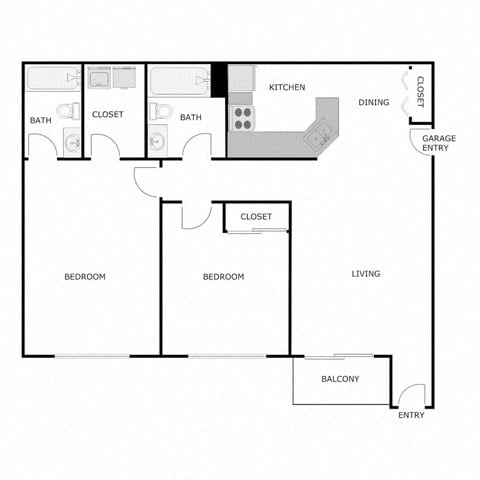 Floor plan for 2 beds, 2 baths, 1250 sqft