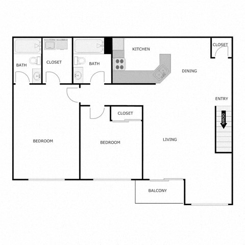 Floor plan for 2 beds, 2 baths, 1300 sqft