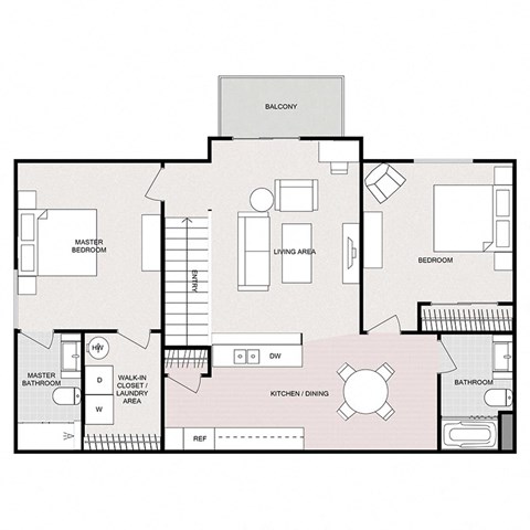 Floor plan for 2 beds, 2 baths, 1075 sqft