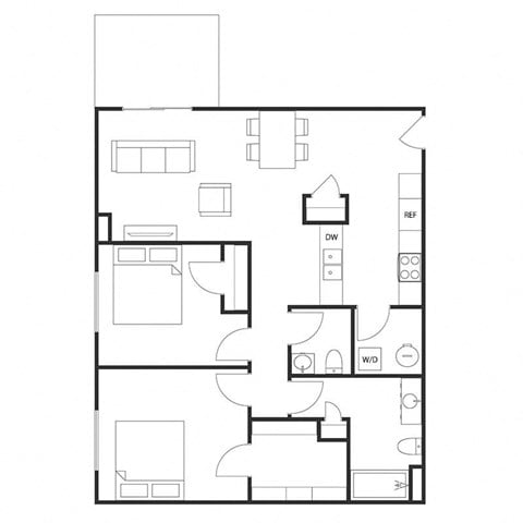 Floor plan for 2 beds, 1.5 baths, 1025 sqft