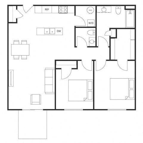 Floor plan for 2 beds, 1.5 baths, 1025 sqft