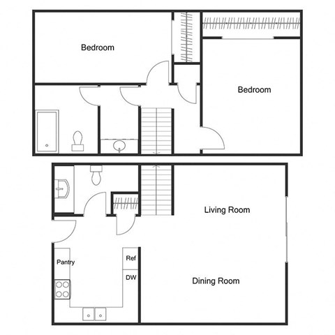 Floor plan for 2 beds, 1.5 baths, 900 sqft