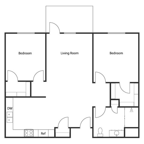 Floor plan for 2 beds, 1 bath, 967 sqft