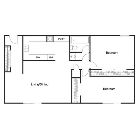 Floor plan for 2 beds, 1 bath, 1100 sqft