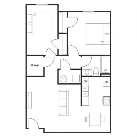 Floor plan for 2 beds, 1 bath, 834 sqft