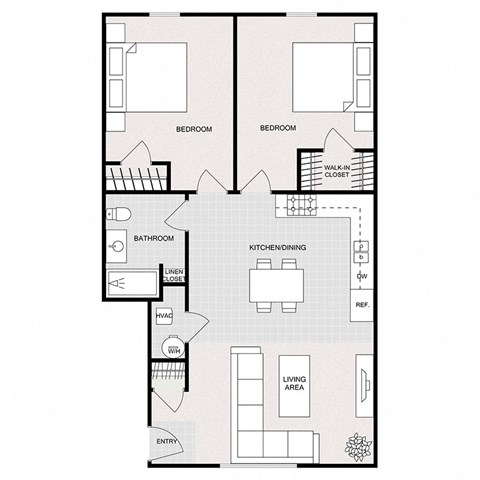 Floor plan for 2 beds, 1 bath, 848 sqft