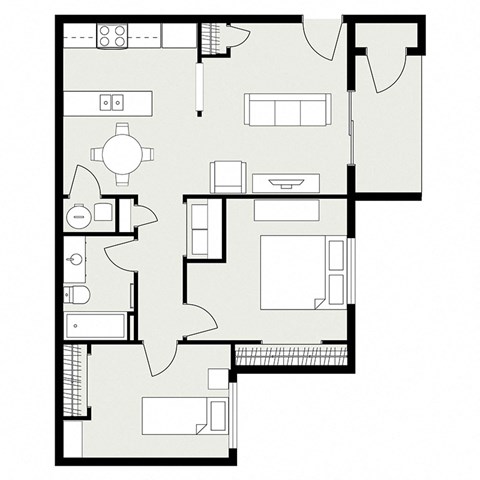 Floor plan for 2 beds, 1 bath, 885 sqft