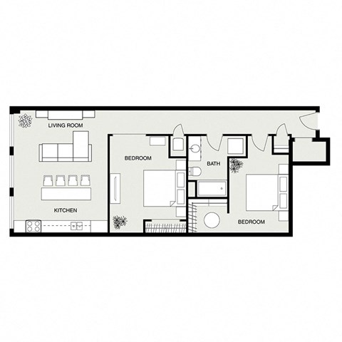 Floor plan for 2 beds, 1 bath, 889 sqft