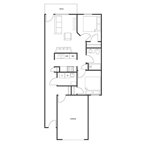Floor plan for 2 beds, 1 bath, 940 sqft