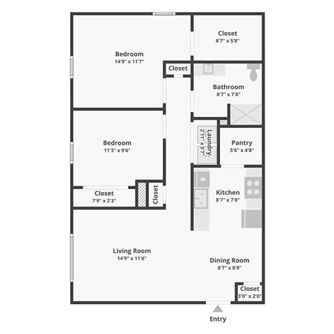 Floor plan for 2 beds, 1 bath, 850 sqft