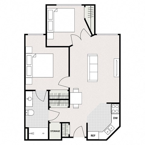Floor plan for 2 beds, 1 bath, 910 sqft