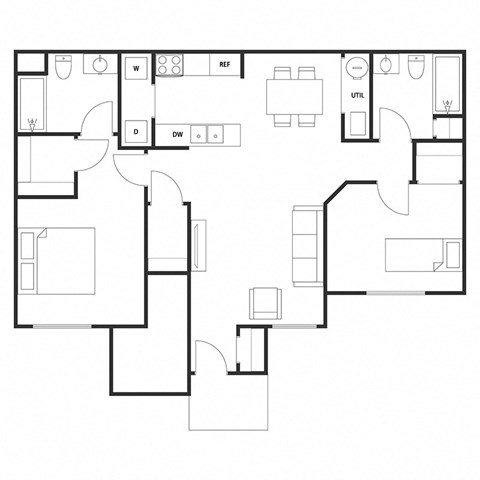 Floor plan for 2 beds, 2 baths, 1150 sqft