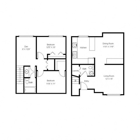 Floor plan for 2 beds, 1 bath, 967 sqft