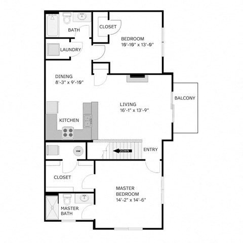 Floor plan for 2 beds, 2 baths, 1133 sqft
