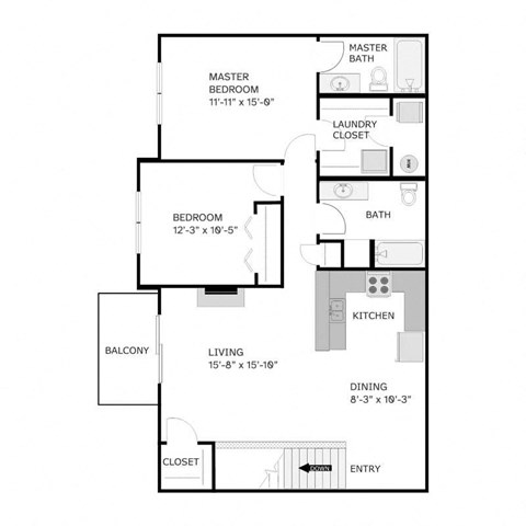 Floor plan for 2 beds, 2 baths, 1203 sqft