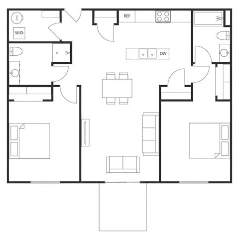 Floor plan for 2 beds, 2 baths, 1075 sqft