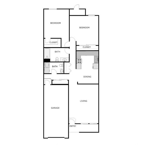 Floor plan for 2 beds, 1 bath, 1005 sqft