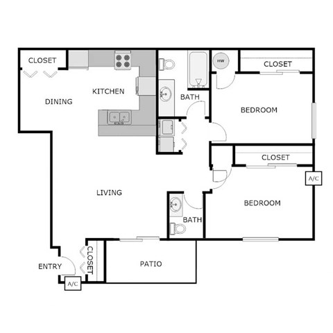 Floor plan for 2 beds, 1.5 baths, 1036 sqft