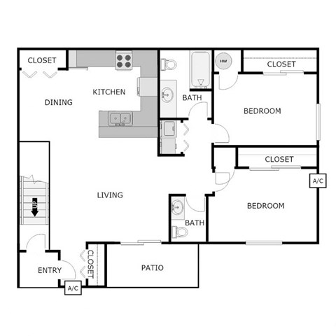 Floor plan for 2 beds, 1.5 baths, 1036 sqft