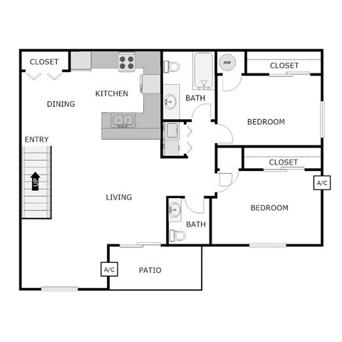Floor plan for 2 beds, 1.5 baths, 1128 sqft