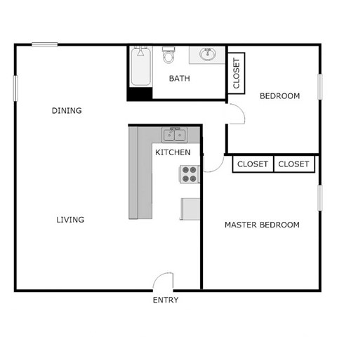 Floor plan for 2 beds, 1 bath, 1342 sqft