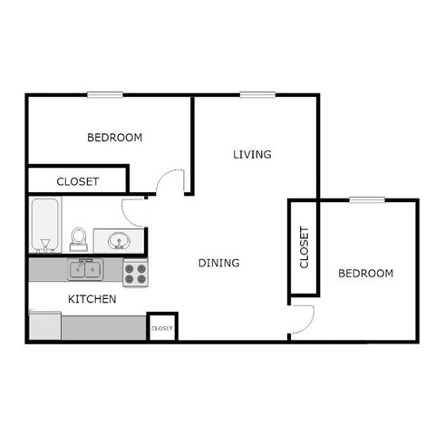 Floor plan for 2 beds, 1 bath, 880 sqft