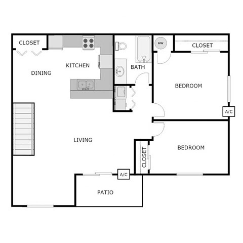 Floor plan for 2 beds, 1 bath, 1004 sqft