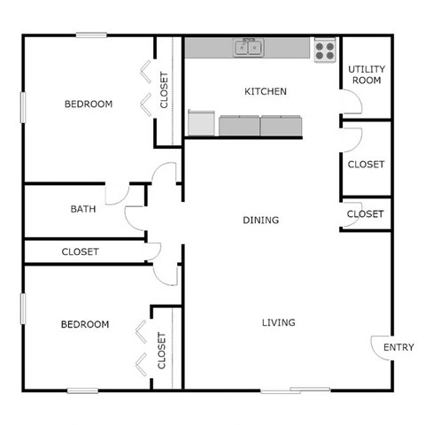 Floor plan for 2 beds, 1 bath, 1000 sqft
