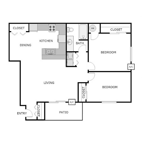 Floor plan for 2 beds, 1 bath, 912 sqft