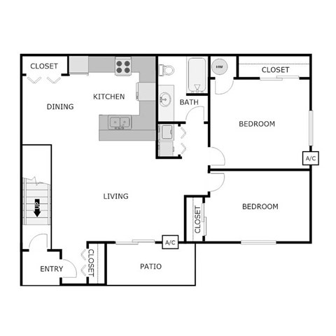Floor plan for 2 beds, 1 bath, 1100 sqft