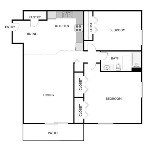 Floor plan for 2 beds, 1 bath, 930 sqft