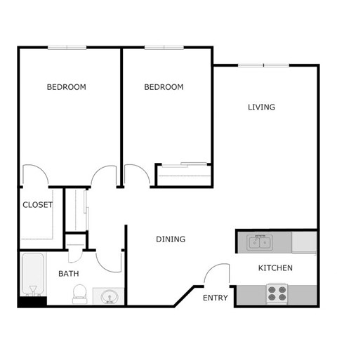 Floor plan for 2 beds, 1 bath, 1124 sqft