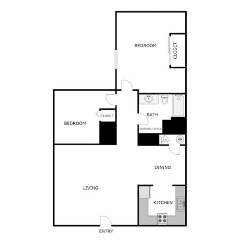 Floor plan for 2 beds, 1 bath, 1000 sqft