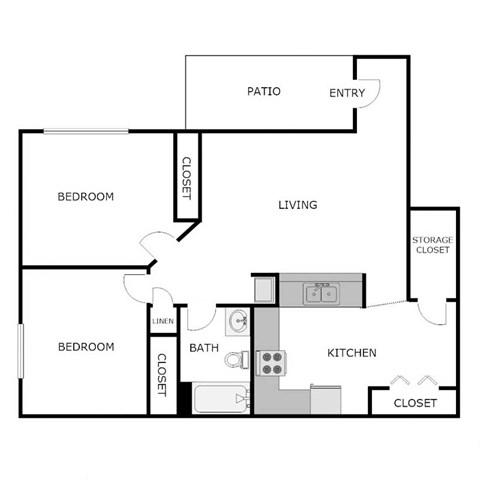 Floor plan for 2 beds, 1 bath, 660 sqft