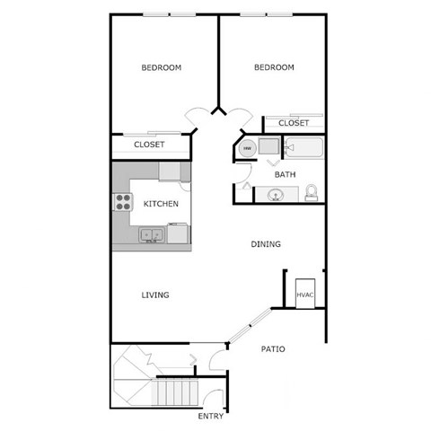 Floor plan for 2 beds, 1 bath, 972 sqft