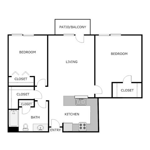 Floor plan for 2 beds, 1 bath, 1020 sqft