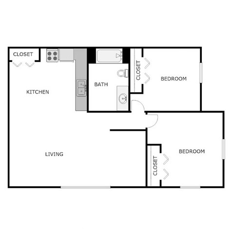 Floor plan for 2 beds, 1 bath, 950 sqft