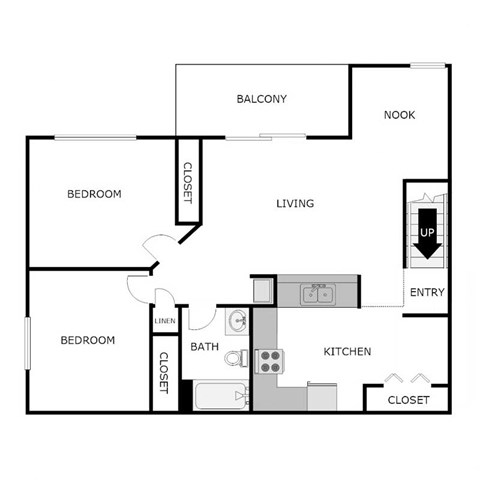 Floor plan for 2 beds, 1 bath, 680 sqft