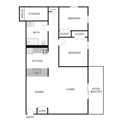 Floor plan for 2 beds, 1 bath, 875 sqft