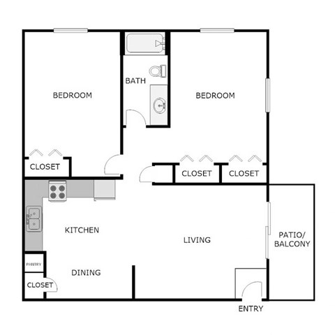 Floor plan for 2 beds, 1 bath, 930 sqft
