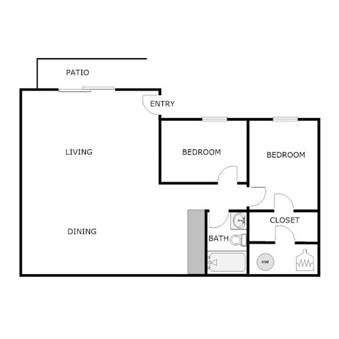 Floor plan for 2 beds, 1 bath, 935 sqft