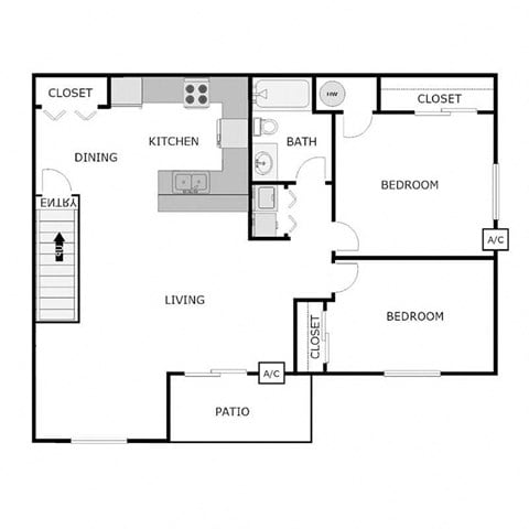 Floor plan for 2 beds, 1 bath, 1211 sqft