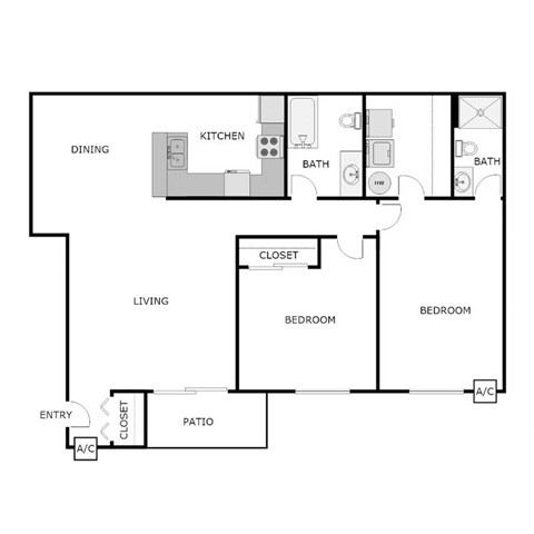 Floor plan for 2 beds, 2 baths, 1177 sqft
